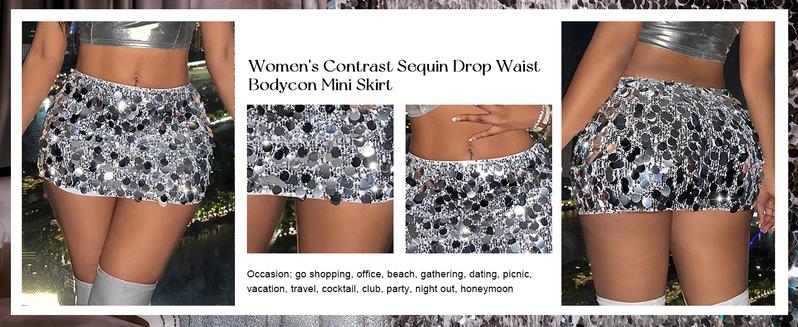 Spring Contrast Sequin Drop Waist Dancing Party Bodycon Mini Skirt