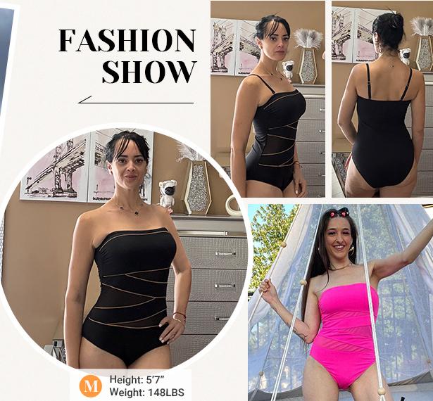 Holipick Women Strapless Bandeau One Piece Swimsuits Sexy Mesh Cutout Bathing Suits Tummy Control Swimwear