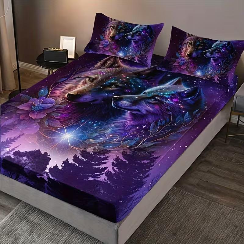 3pcs Starry Sky Wolf Pattern Bedding Set, High-Quality Digital Print Sheet and Pillowcases, All Seasons