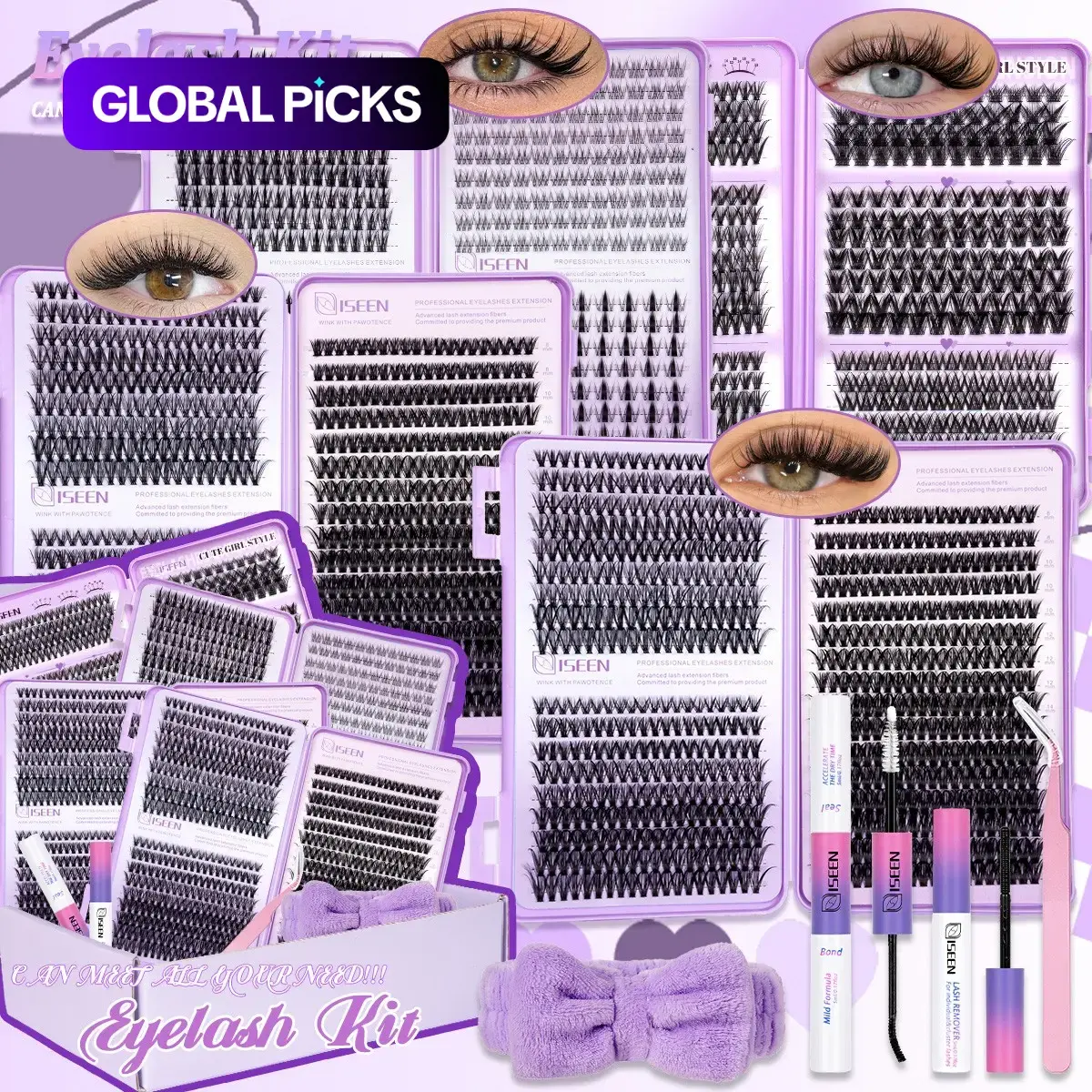 1936Pcs Lash Clusters Kit, 8-18mm D-Curl Eyelash Extensions (30D/40D/50D/80D/100D), Natural Volume Individual Cluster Set with Bond & Seal, Lash Remover, Hairband & Tweezers, Fluffy DIY Lash Kit, Volume Lashes Kit for Women, Beginner Friendly