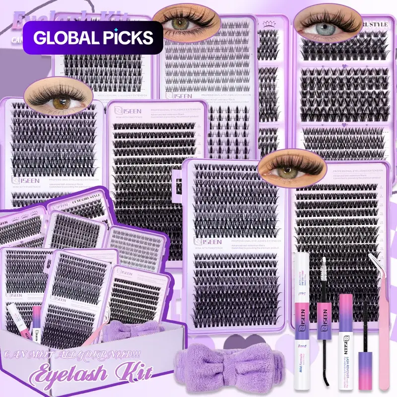 1936Pcs Lash Clusters Kit, 8-18mm D-Curl Eyelash Extensions (30D/40D/50D/80D/100D), Natural Volume Individual Cluster Set with Bond & Seal, Lash Remover, Hairband & Tweezers, Fluffy DIY Lash Kit, Volume Lashes Kit for Women, Beginner Friendly