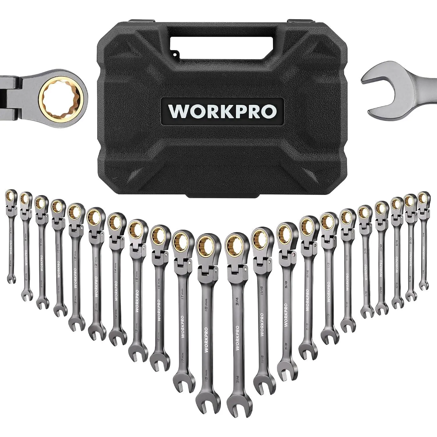 22-Piece Nickel Plated Ratcheting Wrench Set, 180° Pivot Flex-Head, 72-Teeth Cr-V, Metric & SAE (6-18 mm/1/4-3/4 in), Millimeters/Inches, with Organizer Box for Car & Home Fix