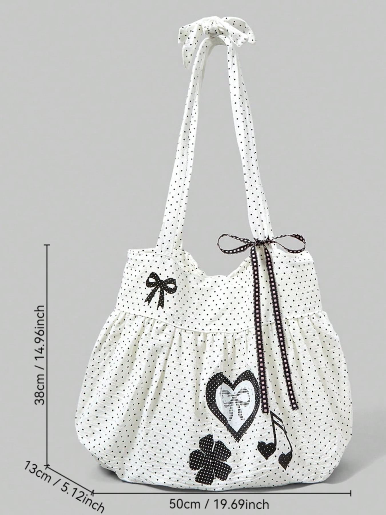 Sweet Cute Bow Vintage Heart Ladies Shoulder Bag, Simple Polka Dot Summer Floral Note Large Capacity Tote, Fits Laptop, Ideal for Daily Commute