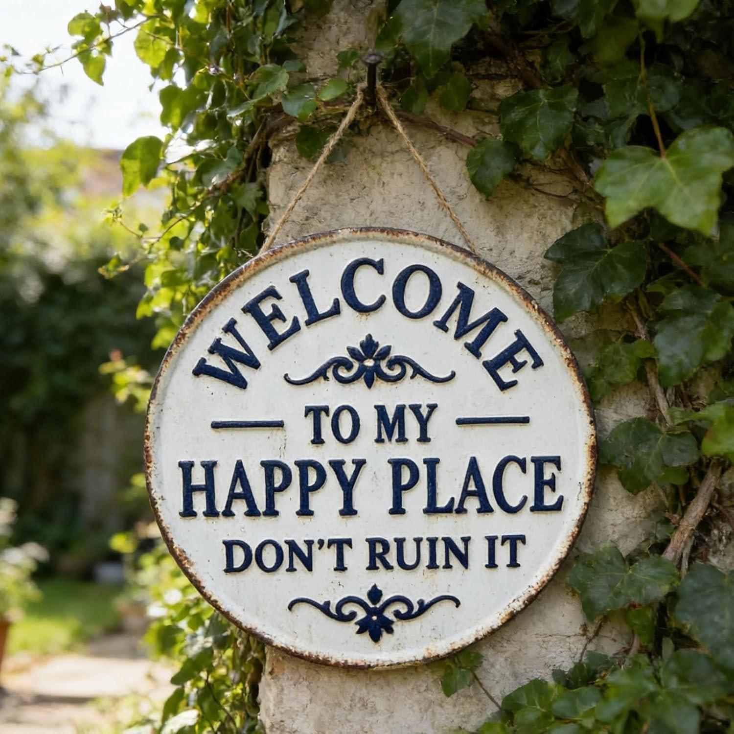 Happy Place – Vintage Statement Metal Sign,"This Is My Happy Place Don't Fuck It Up" Round Garden Wall Decor, Hanging Decorative Signs & Plaques, For Front Door Home Office Kitchen Bedroom, Yard Sign, Signage