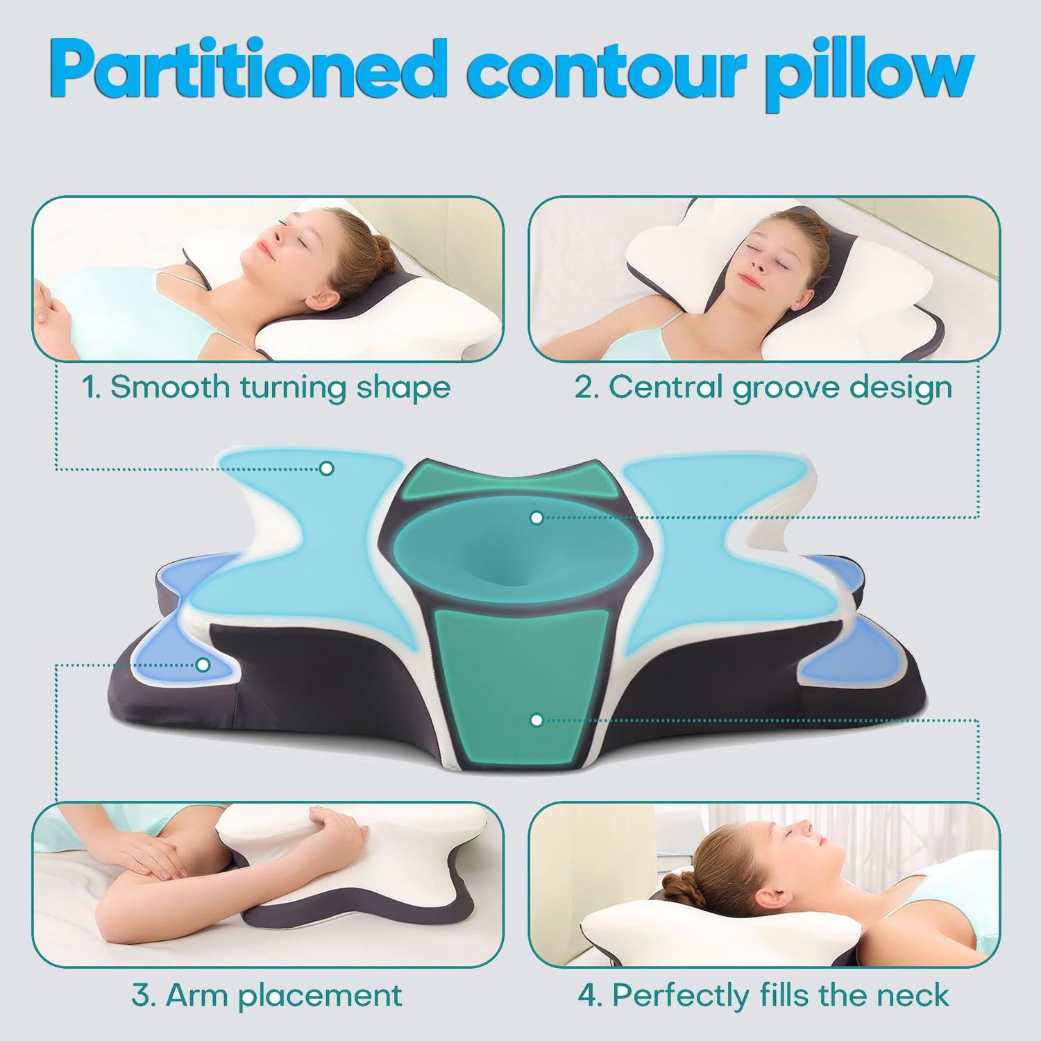 Double-sided neck pillow, dual-height memory foam pillow, cool breathable pillowcase, enlarged armrest area, center groove design, zoned contour pillow, Soft for Side Sleep Stomach Sleeping and Back Sleepers
