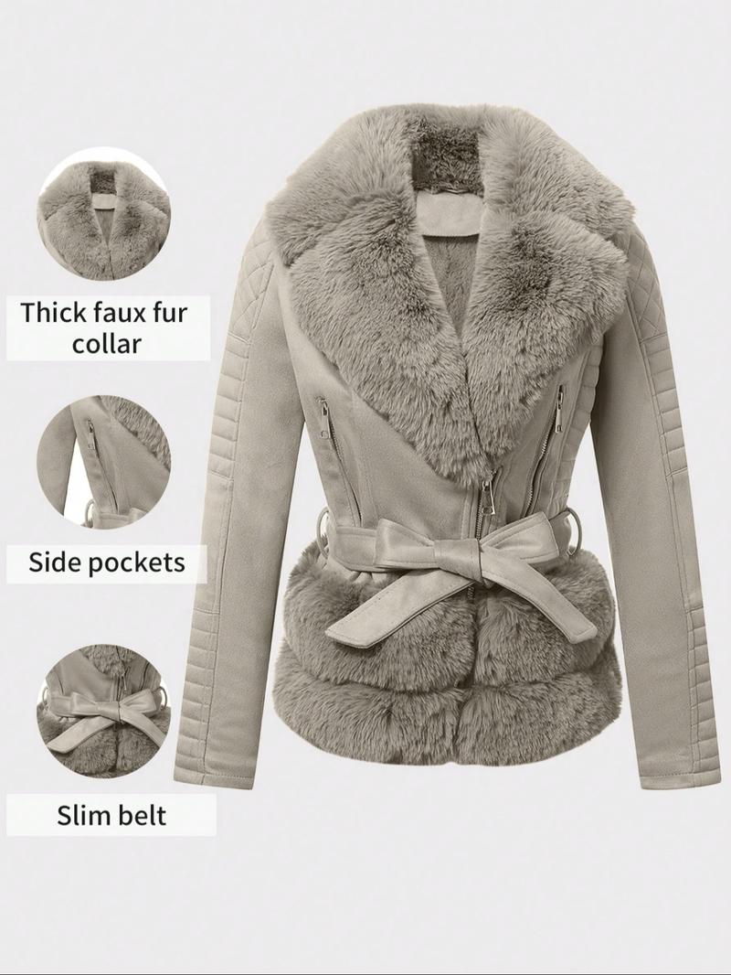 Women's Fall Winter PU Jacket, Vintage Style Fitted Long Sleeve Coat, Warm Daily Wear with Adjustable Waist Belt, Casual Plain Design