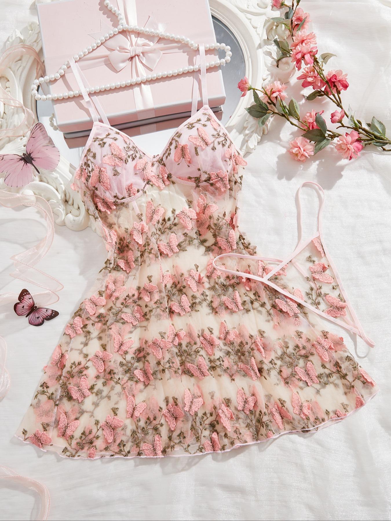 Women's Butterfly Embroidery Cami Nightdress & Thong Sexy Feminine Lingerie Set Underwear, Comfy Fitted Elegant Nighty Dress Set, Ladies Sleepwear for All Seasons