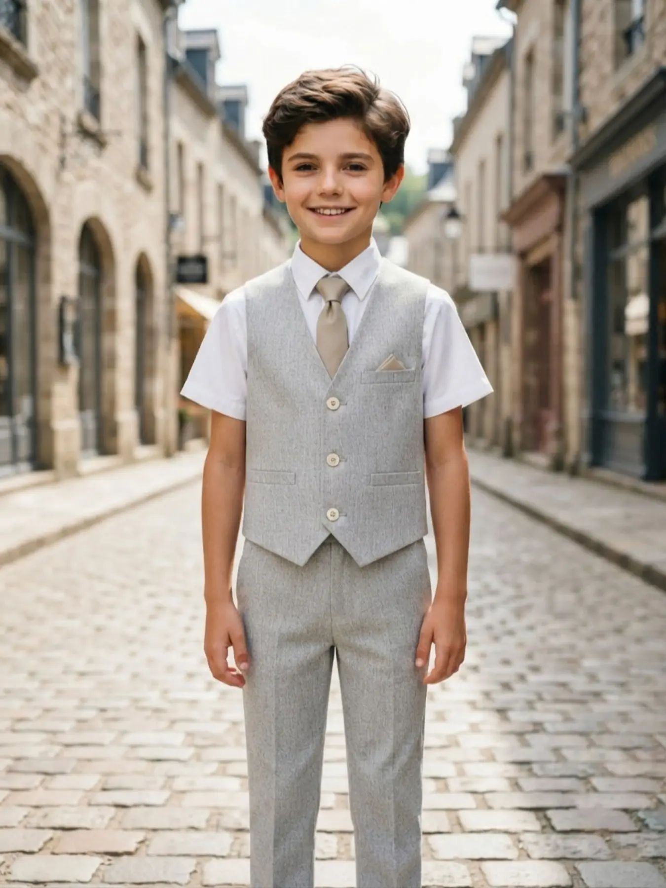 Big Boys Grey 3 Piece Formal Suit Vest Pants Tie Set Slim Fit Tween Back to School Dance Homecoming Junior Groomsman Wedding Birthday Outfit