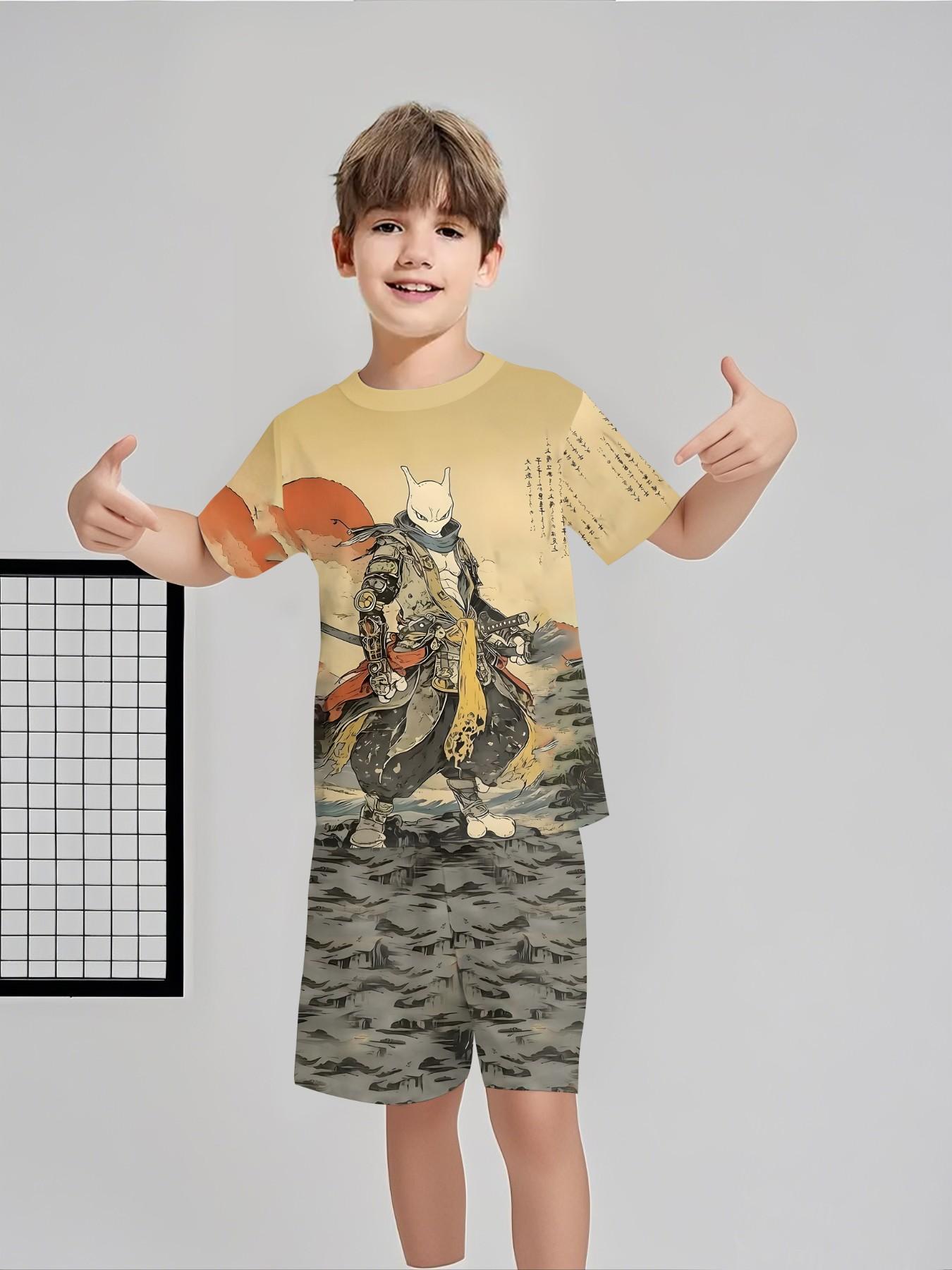 Ukiyo-e Samurai Fox Two-Piece Short Sleeve and Shorts Set, 100% Polyester Casual Loose-Fit Outfit, Fun Printed Patterns for Summer, Outdoor Sports T-Shirt Set, Perfect Gift for Boys