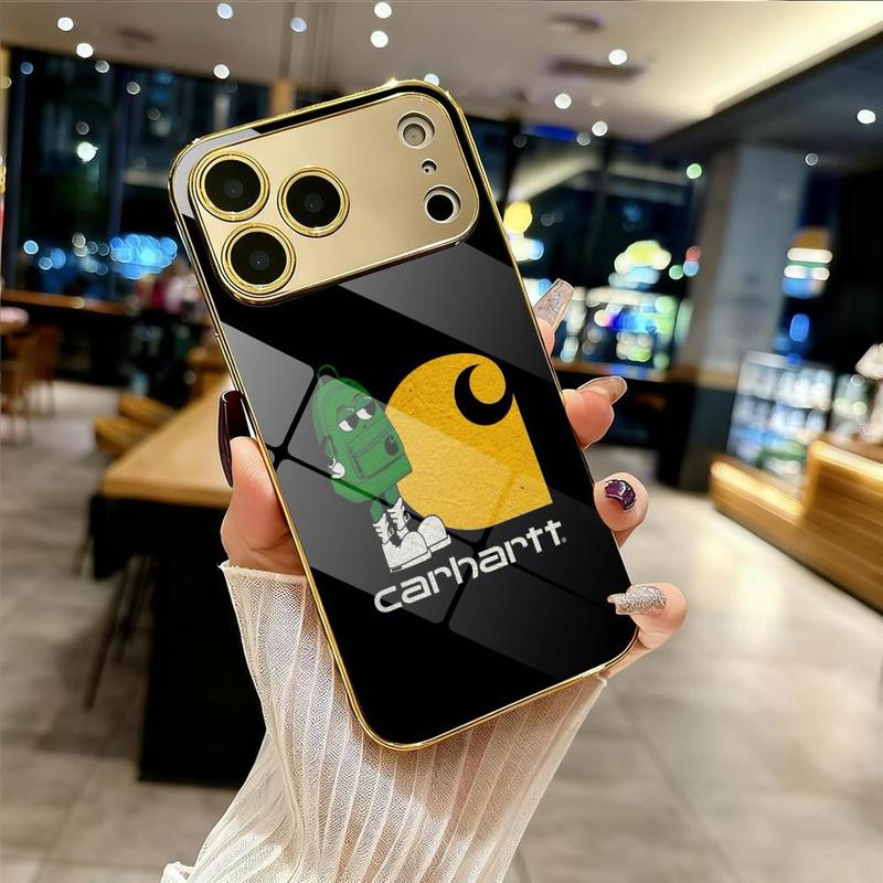 Famous Trend C-C-Carhartt Phone Case For iPhone 17 16 15 14 13 12 Pro Max Plus Electroplated Metal Bumper Case Slim Tempered Glass Back Shockproof Anti-Scratch Luxury Case Fashion Durable Stylish