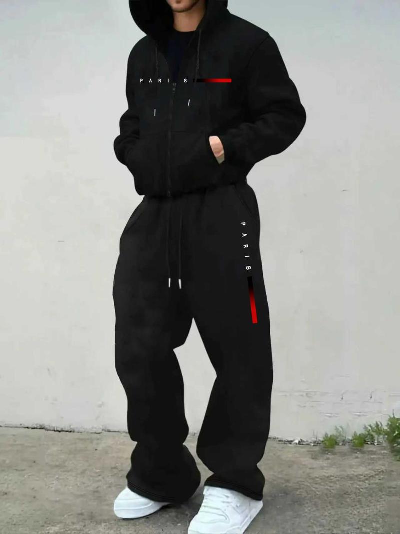 Men's Fall & Winter 2-Piece Set, Loose-Fit Zip Hoodie + Drawstring Casual Sports Pants, Letter Pattern, Fitted Style, Athleisure Wear Set