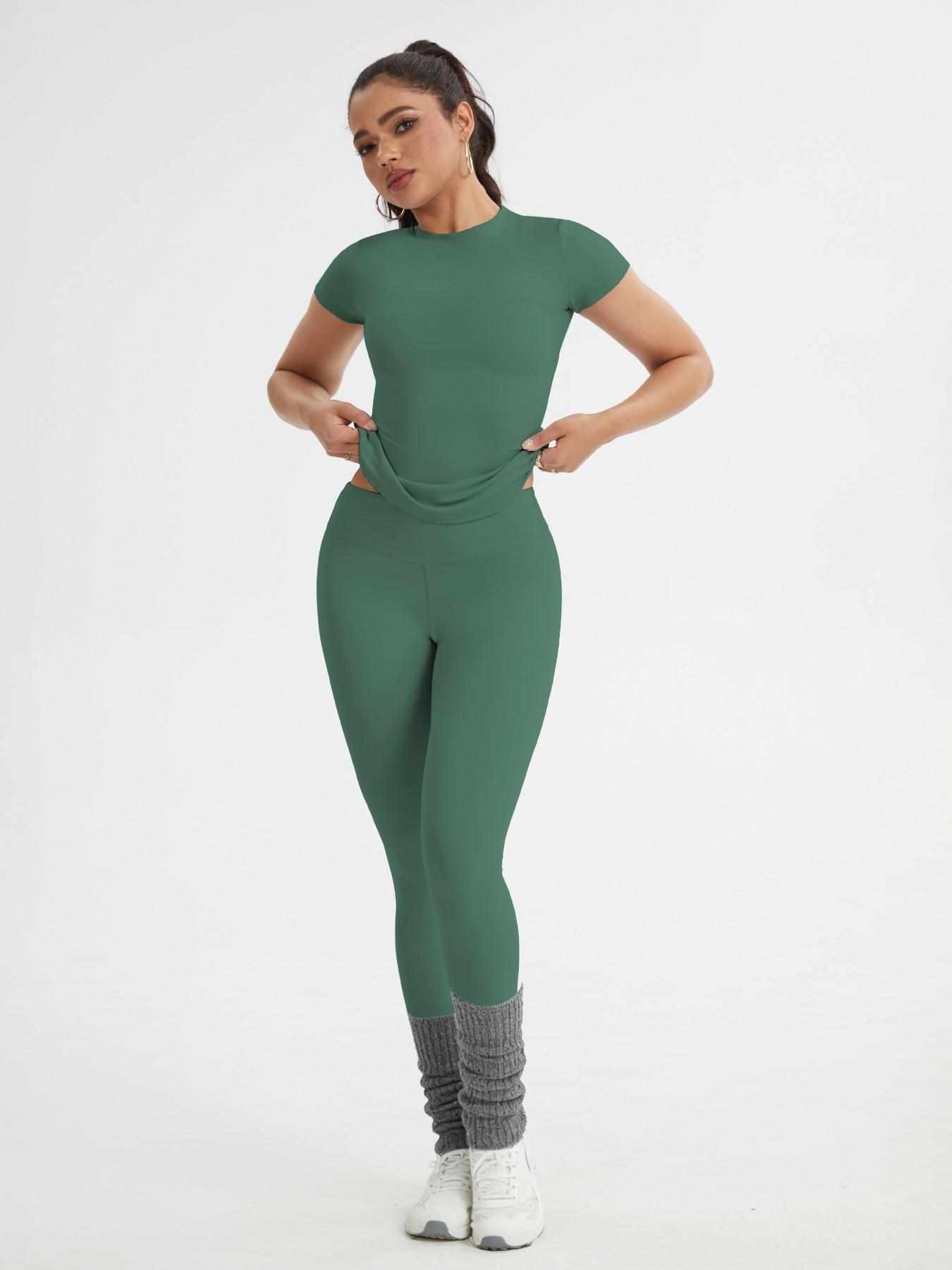 Women's Sportswear Set, Slim-Fit Round Neck Short Sleeves & High-Waisted Yoga Pants, Ideal for Gym Running Outdoor Activities, Stretchy Suit Set