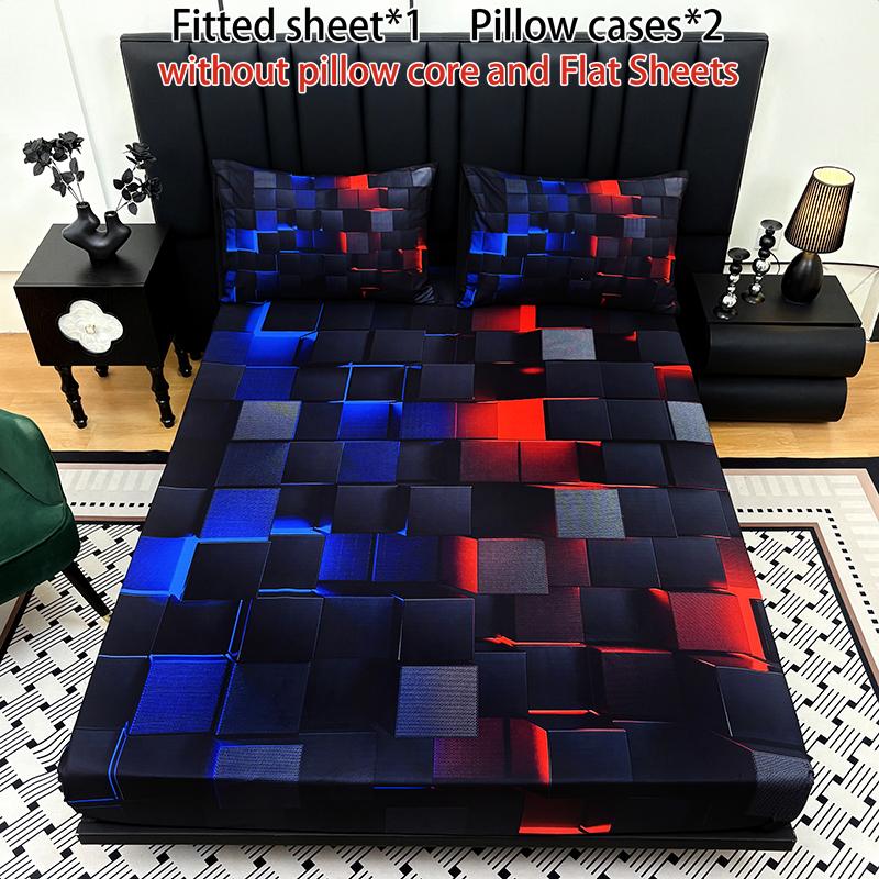 3-piece multi-pattern fitted sheet set (1 fitted sheet  + 2 pillowcases without filler), deep pocket 15 inches machine washable, low allergenic, high quality mattress protector for bedrooms, dorm rooms, HD printed all-season room decoration Bedding Suppli