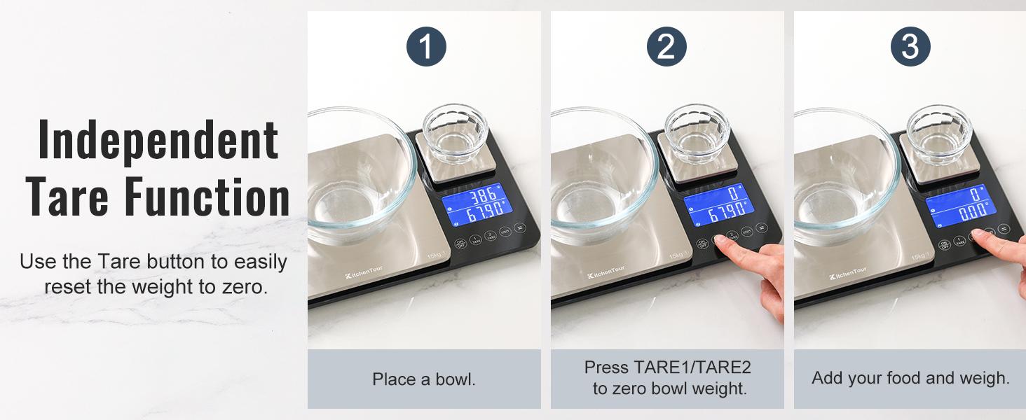 KitchenTour Dual Platform Food, 0.001oz/33lb Scales Weight Grams and Ounces for Home Cooking Baking Meal Prep Sourdough Bread, Stainless