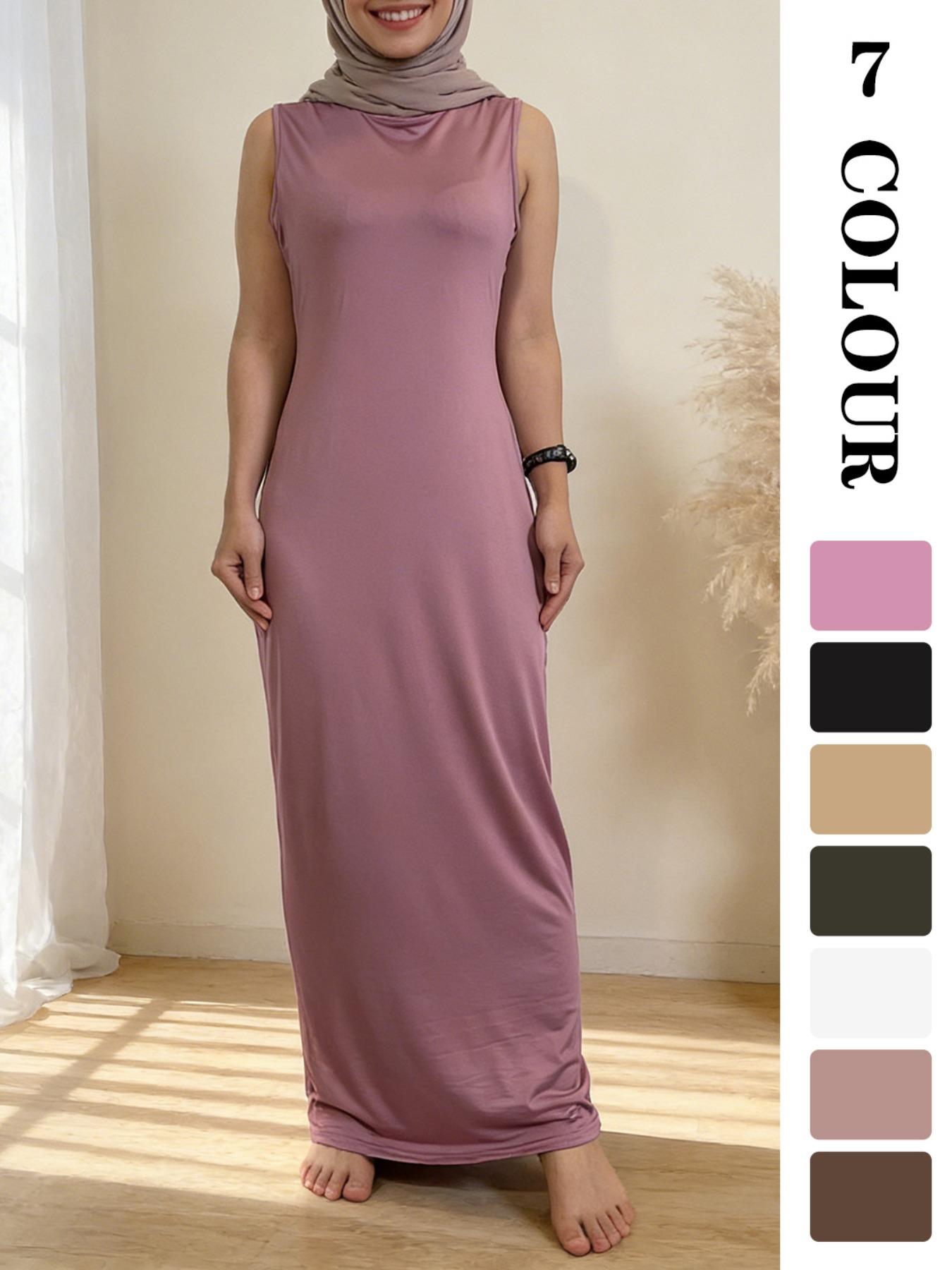 Muslim Sleepwear XS-XL 1pcs inner Women's Long Plain Sleeveless Underdress, Dubai Luxury Islamic Kaftan Pajama, All-Season Sexy Sleepwear