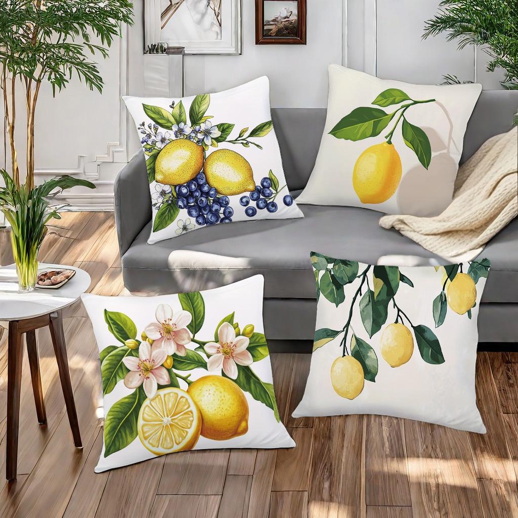 Lemon Pattern Cushion Cover, 4 Counts/set Square Throw Pillow Cover without Filler, Household Decoration Supplies for Home Living Room Bedroom