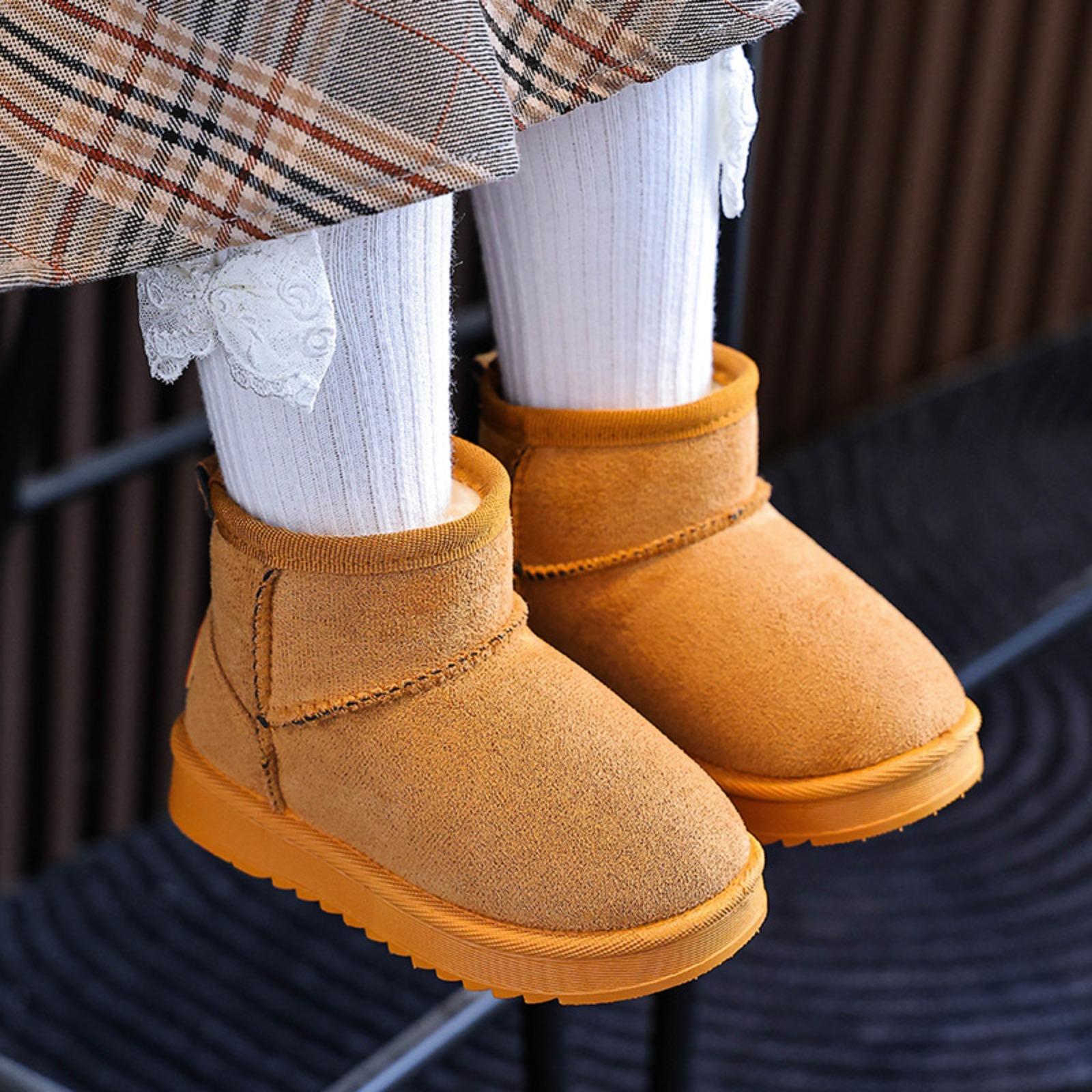 Kids' Cute & Versatile Round Toe Synthetic Snow Booties - Soft, Warm Faux Fur Liner, Non-Slip Flat Ankle Boots for Casual Daily Wear, Birthday, Holiday (Khaki, Black, Gray)