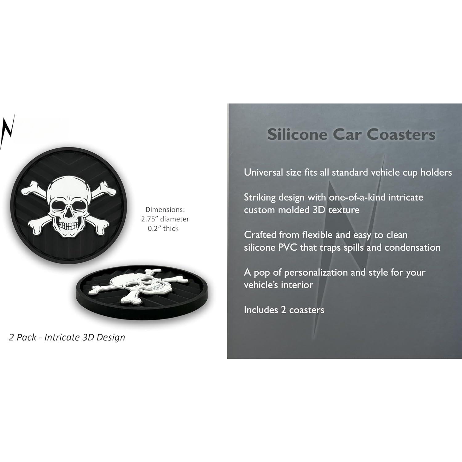 Skull & Crossbones Automotive  Coasters Set of 2 | Metalhead Collection, Durable Non-Slip  Textured Design,  Fit (2.75") for , , SUVs &