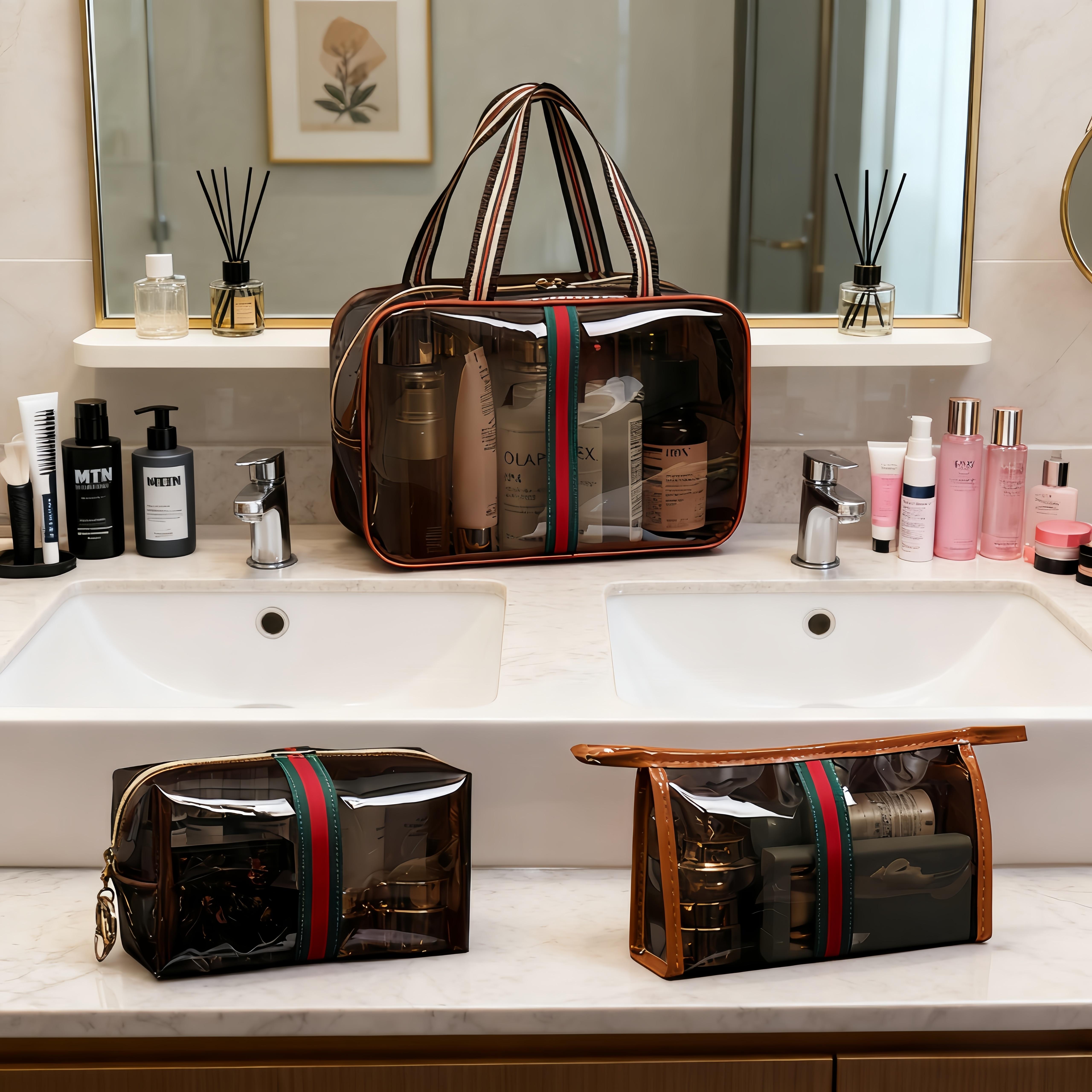 3PCS New Retro Vintage Vanity Bag, Large Capacity Makeup Organizer for Women, Ladies Travle Storage Case, Waterproof Transparent Toiletry Bag, Portable Skincare Storage Case (Brown)