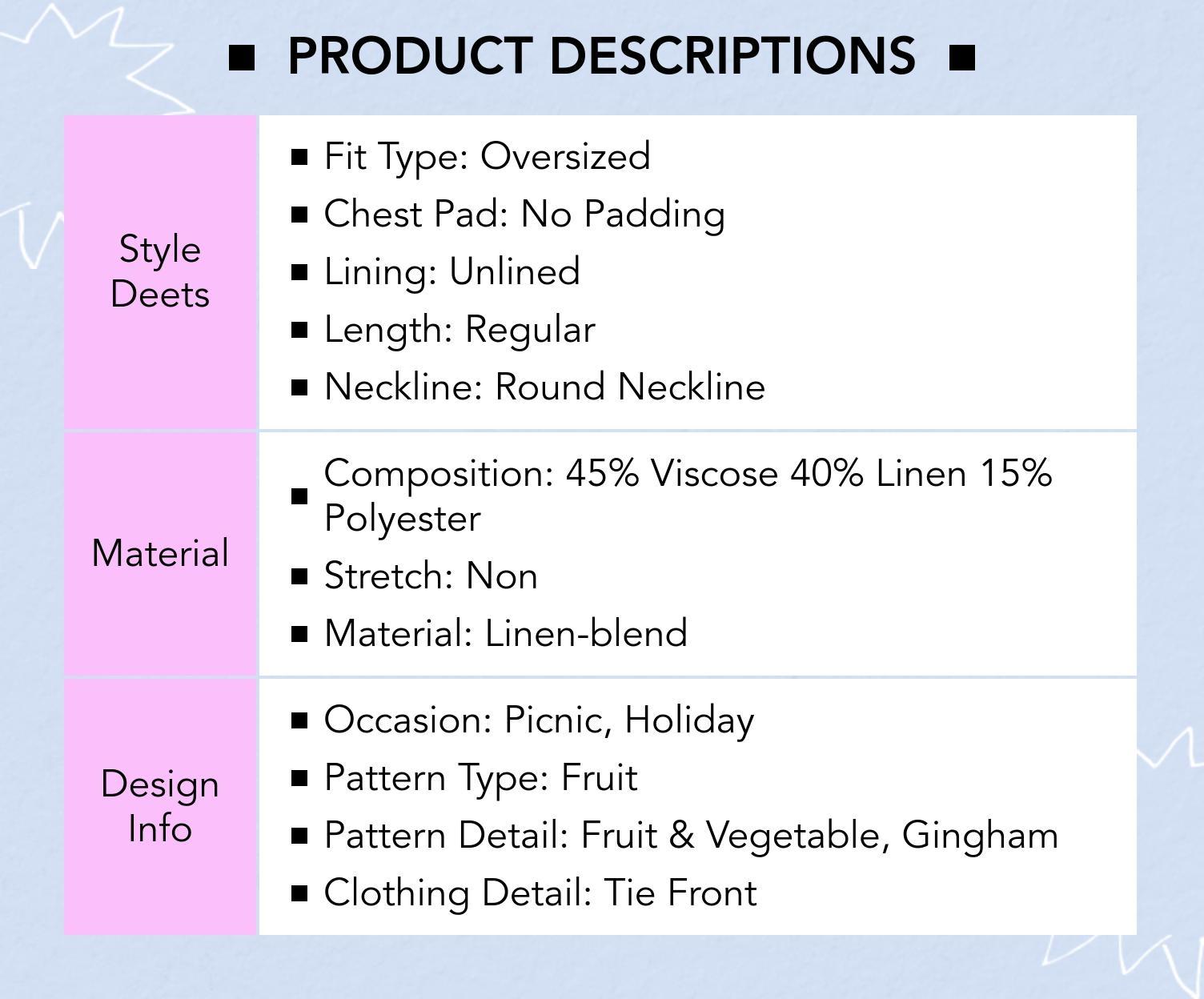 Cider Linen-blend Gingham Fruit Graphic Tie Front Puff Sleeve Oversized Blouse