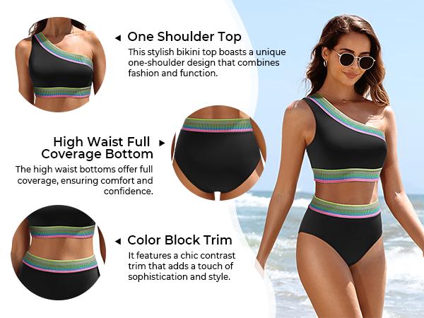 Tempt Me Women High Waisted Bikini Set - One Shoulder Two Piece Swimsuits Color Block Bathing Suits with Swimwear Bottom
