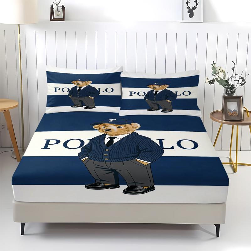 Teddy bear printed pattern bed sheet, comfortable printed pattern, including 1 bed sheet and 2 pillowcases, comfortable bedding, anti slip dust cover suitable for bedrooms and guest rooms, suitable for adult gifts