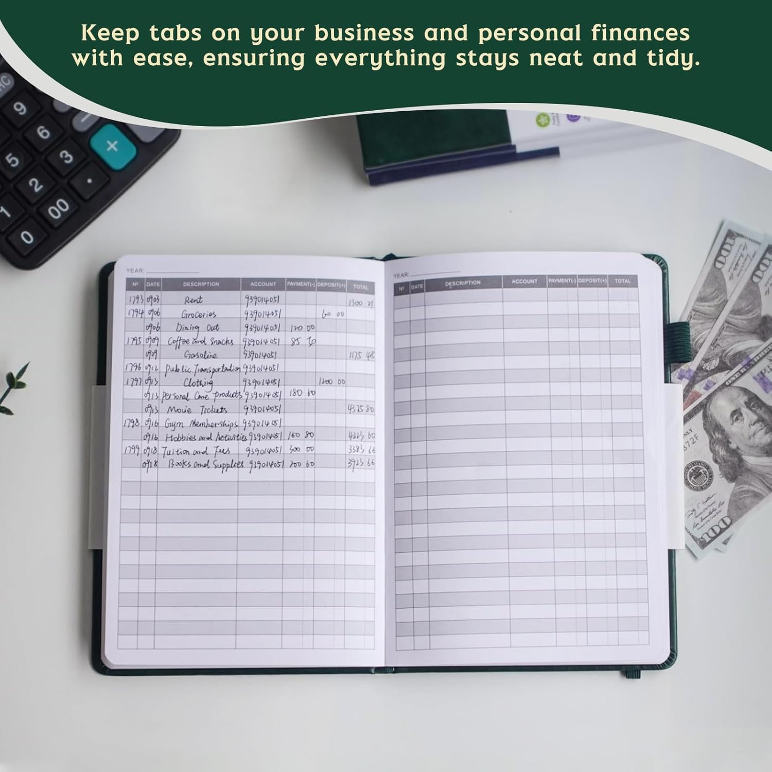 Accounting  Book -  Books Bookkeeping for Personal & Small Business Accounting, Expense  Notebook for Expenses, Deposits & , A5 Log Book for Small Business Essentials, Green