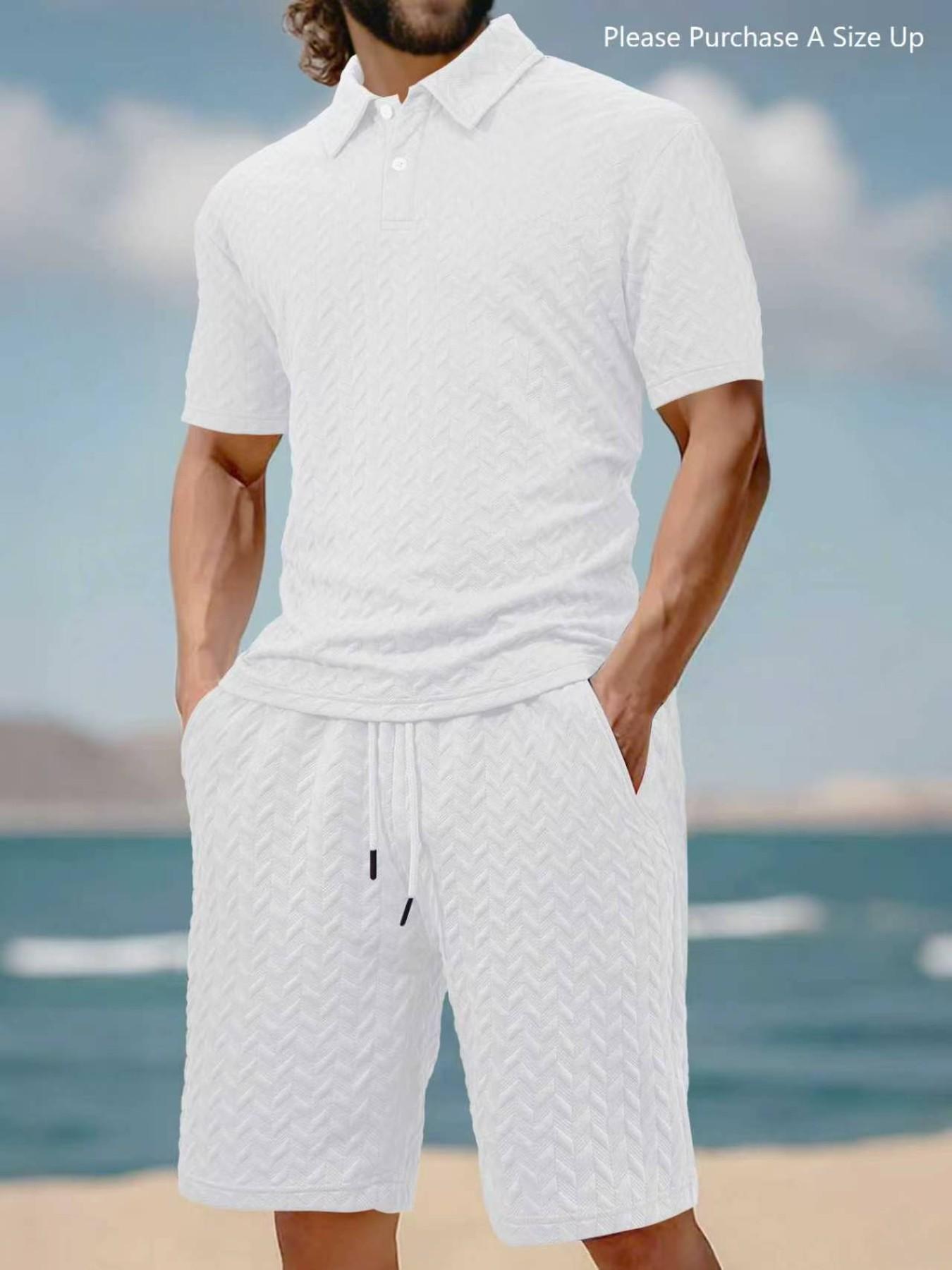 Please Purchase A Size Up. Men's Solid Polo Shirt & Drawstring Waist Shorts Set, Cozy Breathable Two-piece Outfits for Daily Outdoor Wear, Men Clothes for Summer.