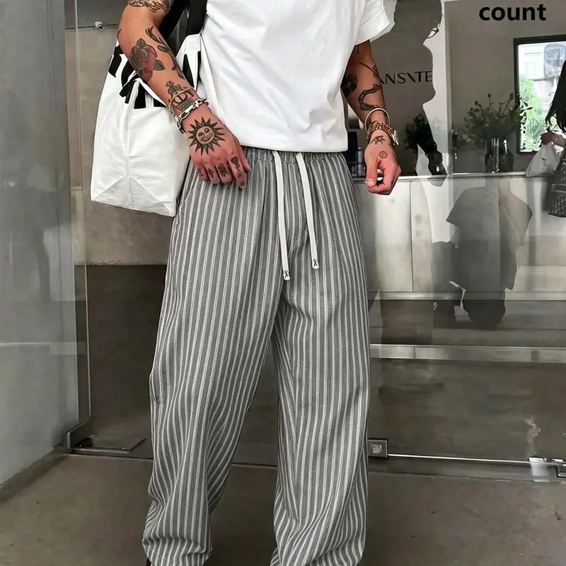 Men's Vertical Striped Summer Loose Straight-Leg Trousers, Minimalist Casual Style Pants, Draping Relaxed Fit, Comfort Drawstring Waist, Suitable for Beach, Street and Commute Outfits, Modern Casual Trousers