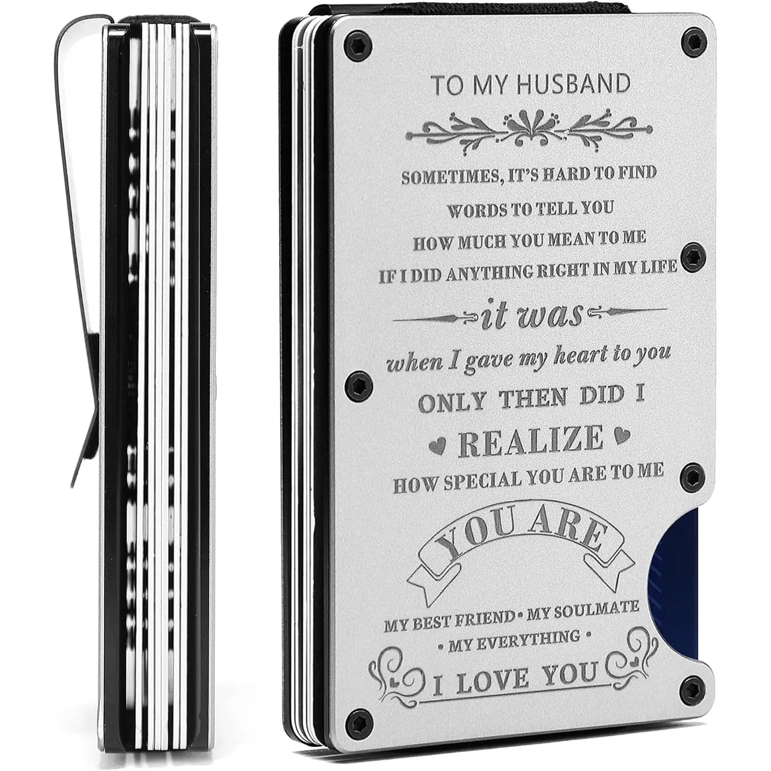 Personalized Engraved Metal Wallet - Gift for Husband from Wife, Men's Minimalist Slim Aluminum Card Holder with Money Clip, Custom Love MessageGift