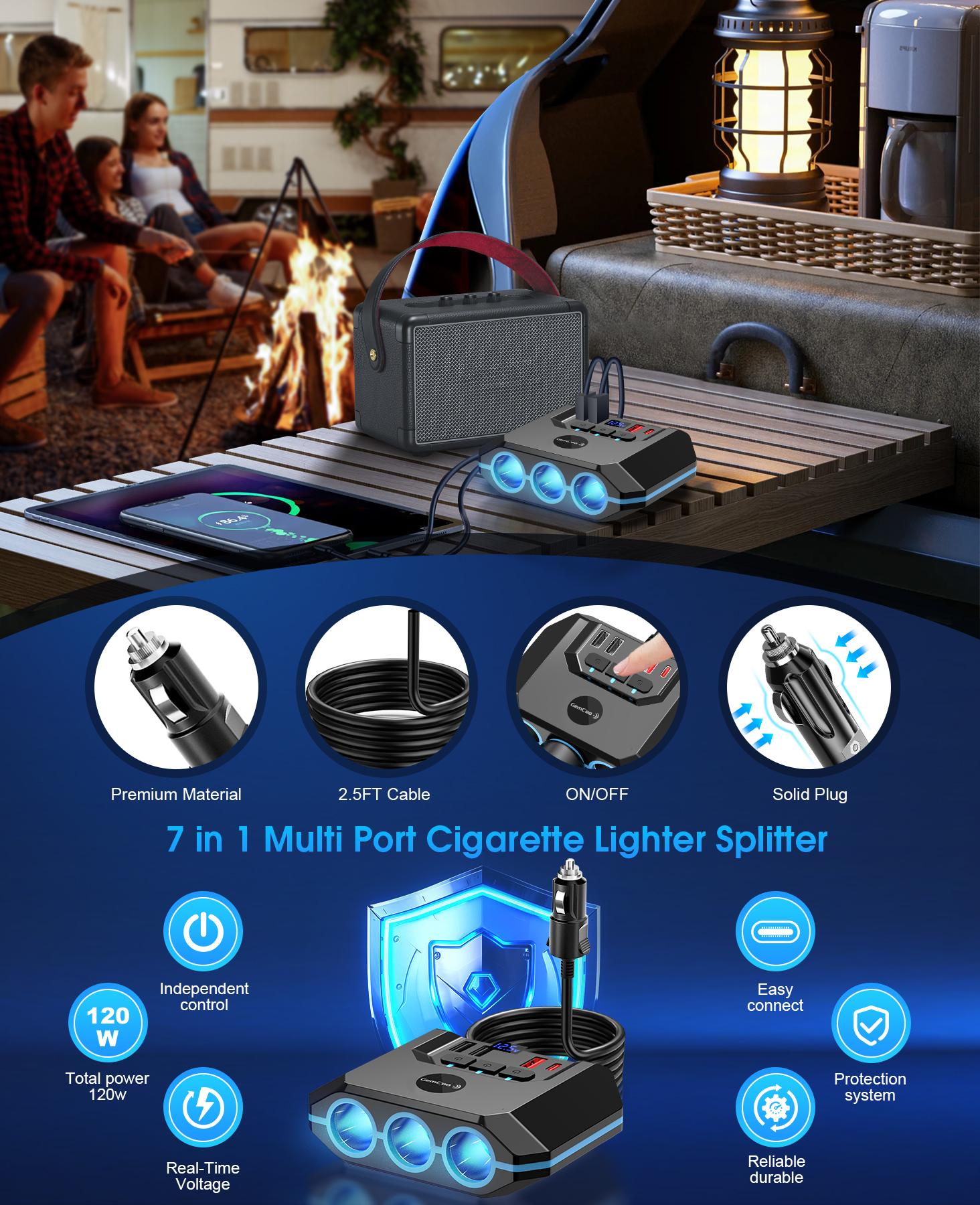 QC3.0 and PD Car Cigarette Lighter Adapter Splitter easy fix, 120W, 3 Sockets+4 USB include 2 Quick Charge Ports, LED Voltmeter, Independent Switches, 30in Cable, Easy Fix and Move, Suitable for 12V-24V Vehicles.