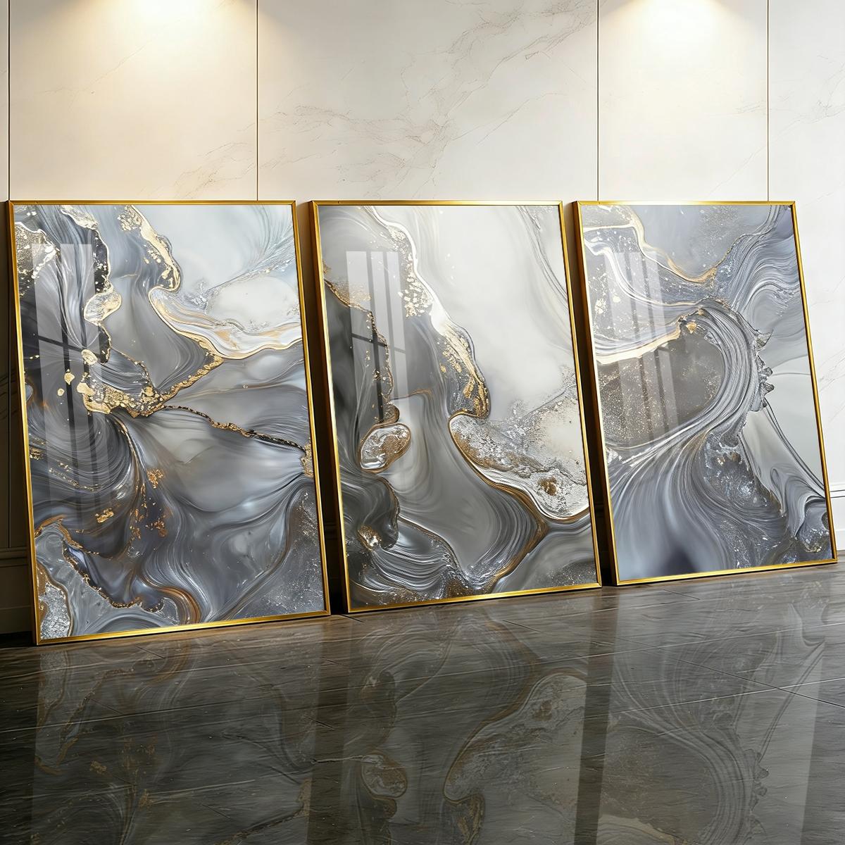 3 Counts Aluminum Alloy Framed Painting, Abstract Gray Gold Fluid Art Pictures, Home Decoration For Living Room, Bedroom, Office, Restaurant, Hallway Wall Decor, Odorless Print Artwork, Luxury Perfect Gift For Friends And Family