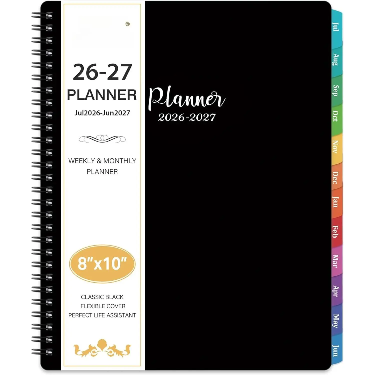 2026-2027 Planner - Planner 2026-2027 Weekly and Monthly, Jul. 2026 - Jun. 2027, 8" x 10", with Tabs, Thick Paper, Spiral Binding, Classic Black