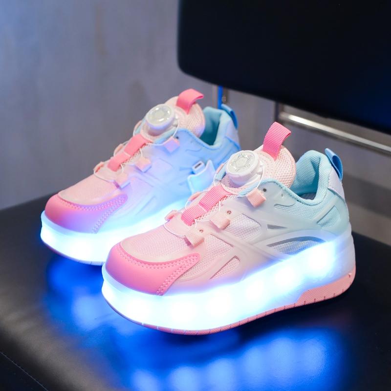 16 Color Modes USB Rechargeable LED Roller Shoes for Boys Girls, EUR 28-40 Rotary Buckle Breathable Mesh Light Up Wheels Sneakers, Kids Teens Luminous Roller Skates Shoes, Single Double Wheels Heelys for Outdoor Sports, Birthday Gifts for US EU KSA JP
