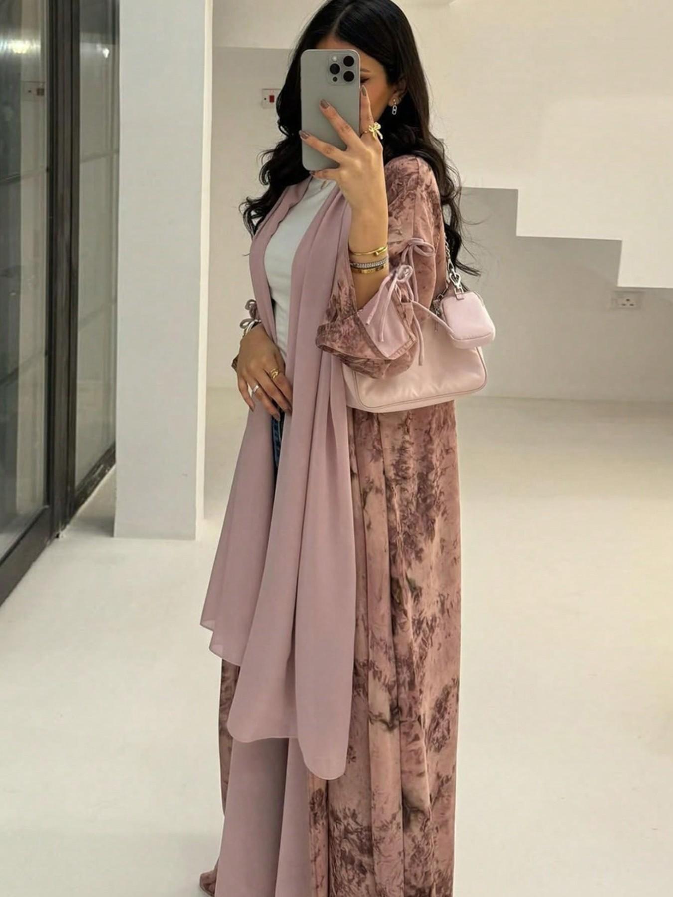 Vintage All Over Print Floral Bow Decor Long Outerwear and Solid Color Scarf Set, Lightweight Chiffon Fabric, Aesthetic Casual Women's Two-Piece Set for All Seasons