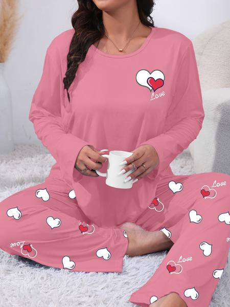 Plus Size Heart Letter Print Comfortable 2-Piece Set, Casual Long Sleeve Pajama Pants Suit, All Seasons Fitted Knit Fabric Loungewear Plus Size Heart Letter Print Comfortable 2-Piece Set, Casual Long Sleeve Pajama Pants Suit, All Seasons Fitted Knit Fabric Loungewear