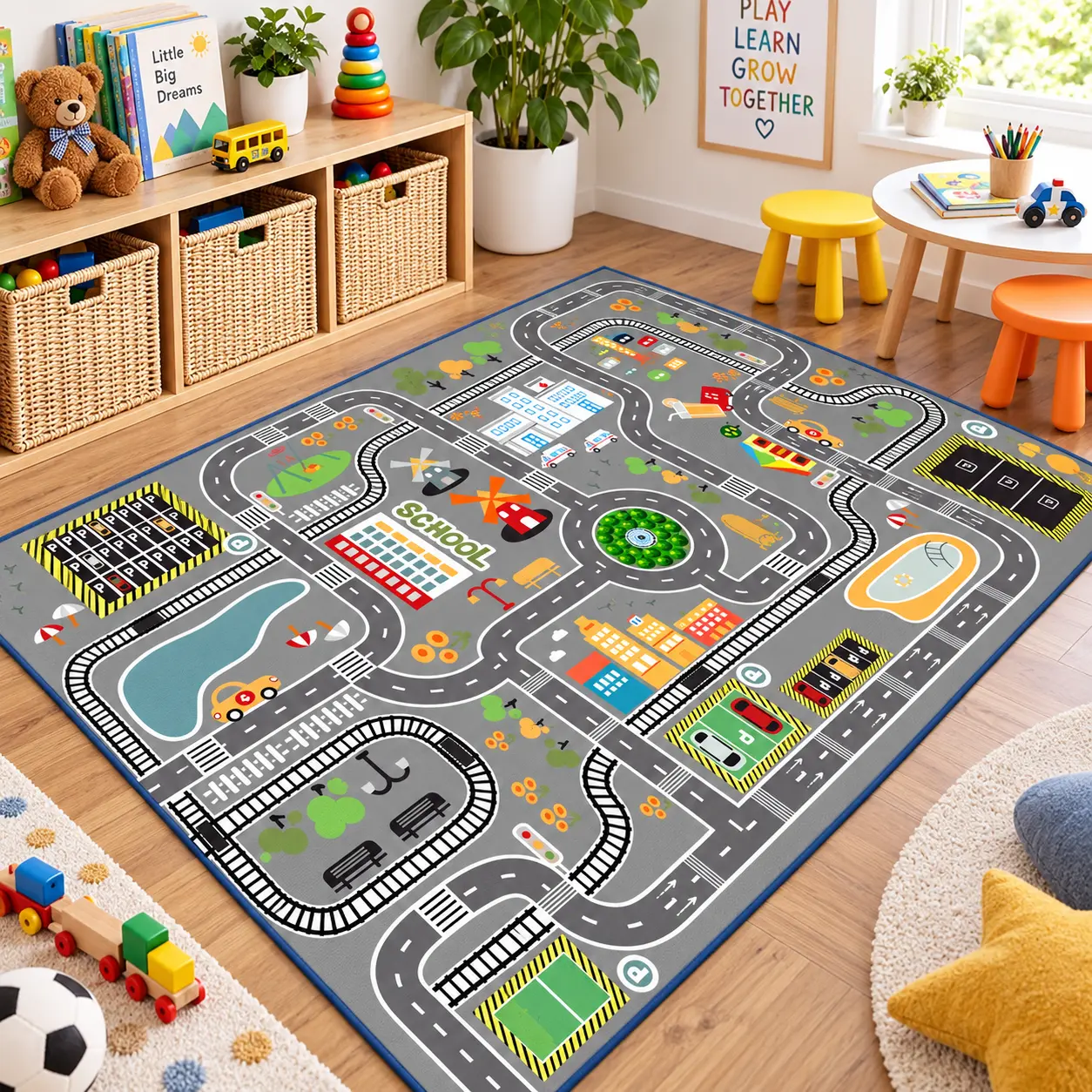 Kids Road Map Flannel Play Mat, City Traffic Car Rug with Roads, School & Parking Design, Soft Educational Floor Carpet for Boys Girls Bedroom, Playroom & Nursery Decor