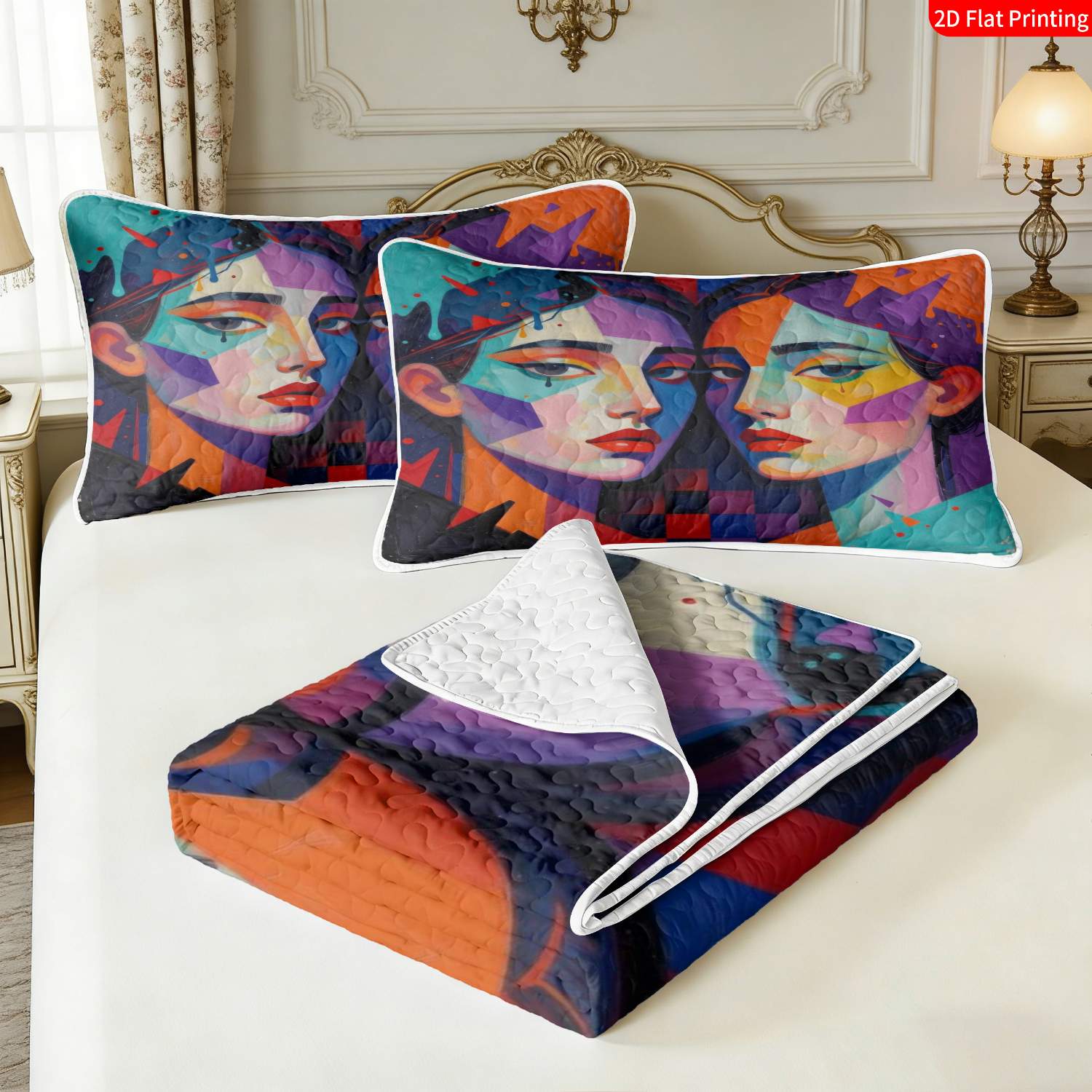 3 pcs, 2D Flat Print Abstract Geometric Portrait Bedspread Set, Soft and Comfortable, Multiple Sizes Available, Suitable for Gifting and Daily Use, Ideal for Creating a Cozy Home Atmosphere(1 bedspread , 2 pillowcases)