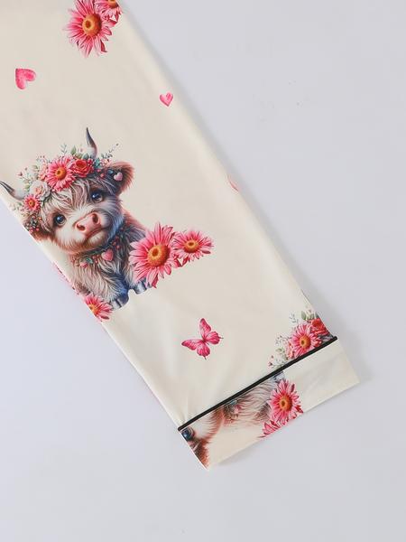 Women's Cartoon Highland Cow & Floral Print Casual Comfy Pajama Set, Lapel Long Sleeve Button-Up Top & Elastic Pants, All-Season Sleepwear