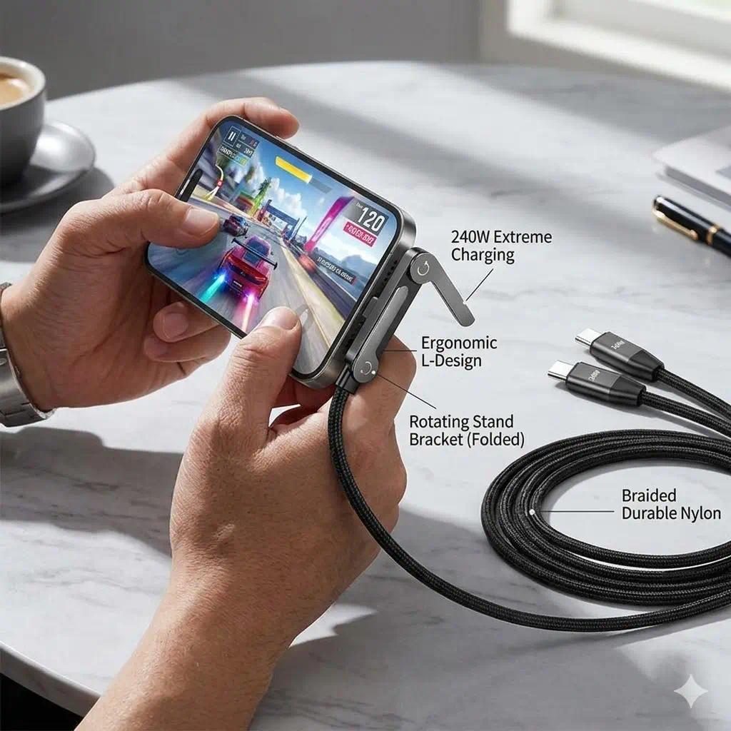 Invisible Holder Charger Cable with Stand, 240w super fast charging 2-in-1 Fast Charging Cord & Phone Stand for Gaming, Office, Car Travel, Compatible with Type-C charging cable Black, Cellphone Electronic