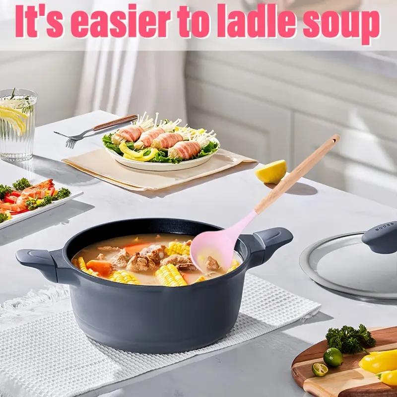 19-Piece Kitchen Knife Set with Heat-Resistant Silicone Cutlery & Wooden Handles - Includes Chef Knife, Non-Stick Compatible Tools, pots pans set Valentine's Day and More Cookware non stick pots and pans Kitchenware Nonstick Ladle Stylish White Pink