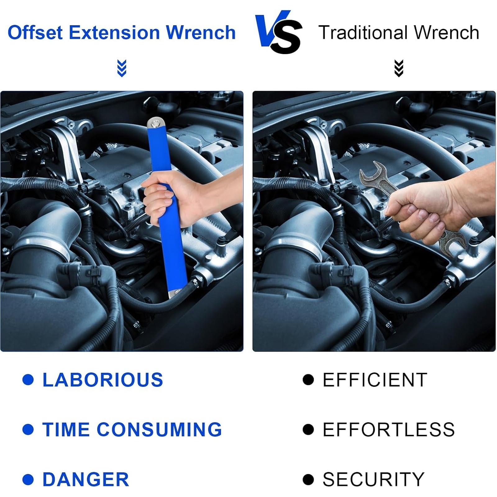 3/8 Inch Offset Extension Wrench,15 Inch Impact Ready Socket Wrench Extender Tool Set with 1/2", 1/4" and 3/8" Square Drive Adapters, Zero Degree Ratchet Tool for Car Blue, Multifunctional Wrench Set