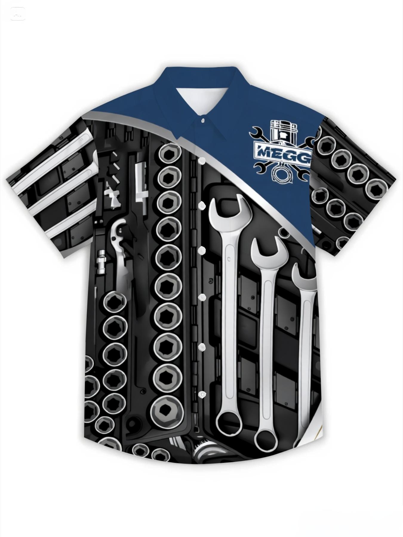 Mechanical Tool Pattern Short Sleeve Shirt, Men's Casual Workwear Style Print Workshop Work Uniform Custom Style