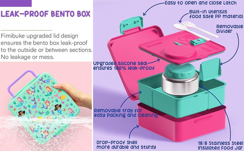 Product Introduction of Fimibuke Bento Lunch Box with internal Thermos Food Jar, Leakproof 60oz 3-4 Compartments Lunch Box ,14OZ Thermos Water Bottle,8OZ Thermos Food Jar,lunch bag,Sauce Jar & Utensils, BPA-Free, Dishwasher Safe,Funny patterns,Back to school gift,Dealsforyoudays 32