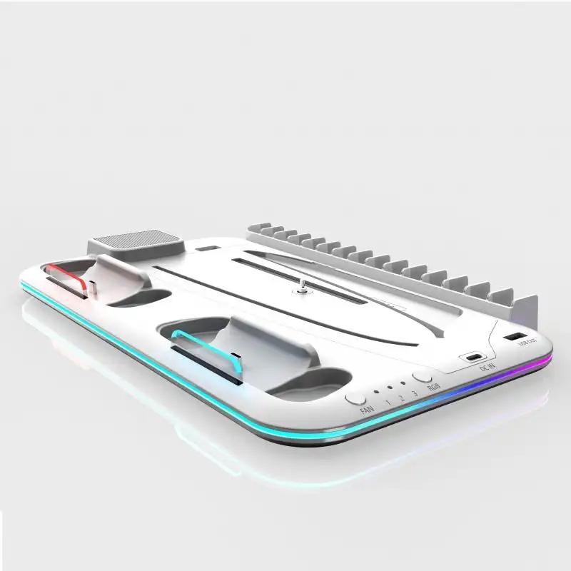 PS5 Stand with Cooling Station and Controller Charging Station for PlayStation 5 Slim Console, PS5 Controller Charger, Cooling Stand, Dynamic Light, Headset Holder for PlayStation 5 Accessories, White