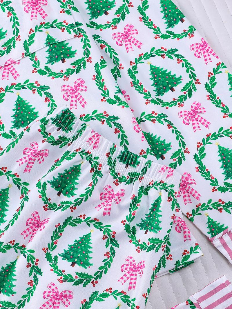 2-piece set full of bow garlands, Christmas tree prints, Christmas long sleeves, long pants, striped cuffs, collar, top, small pockets, elastic waistband, button closure, suitable for all seasons home wear, Loungewear, pajamas