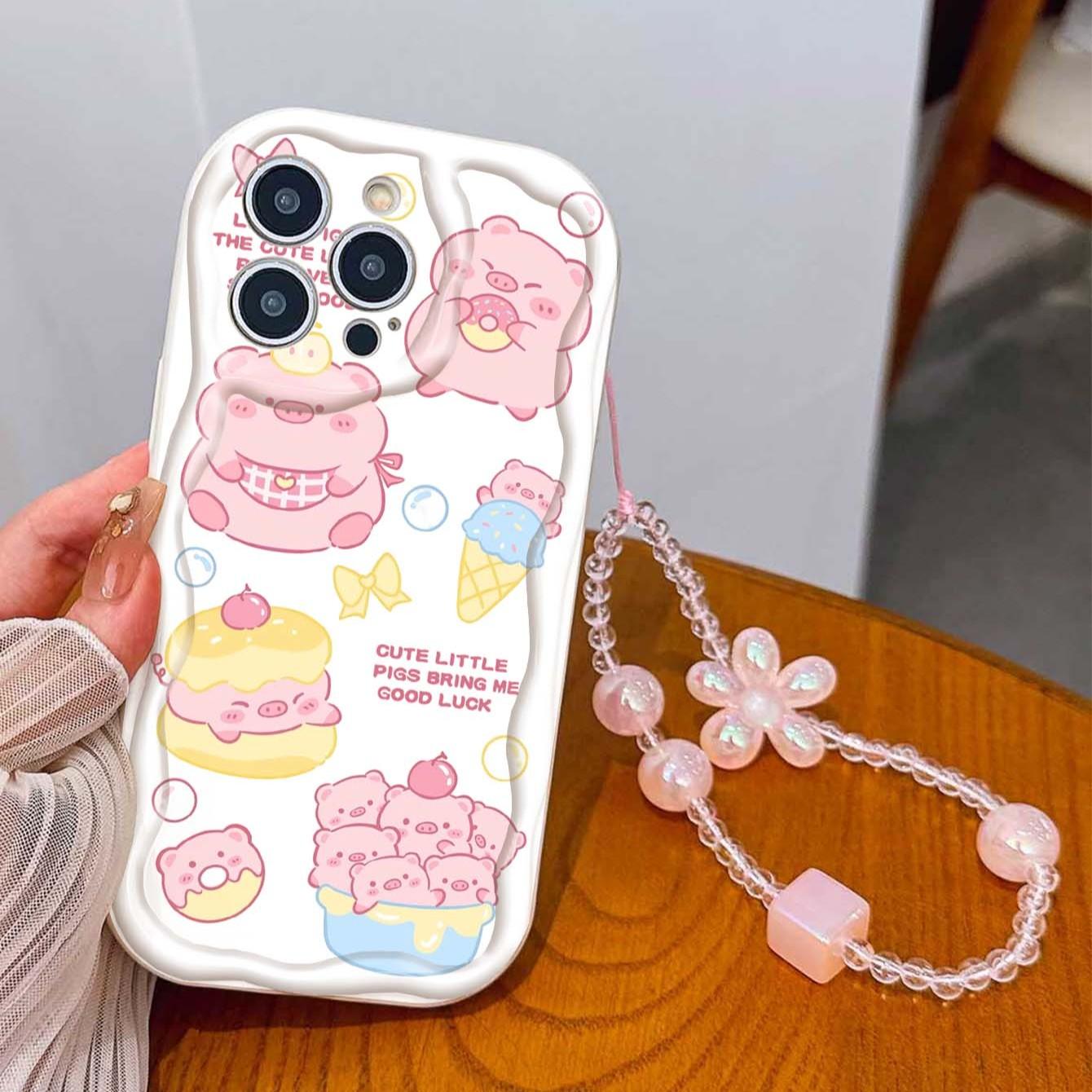 Cute Pig Pattern Tpu Phone Case with Lanyard, Shockproof Wave Edge Design, Compatible with Apple Models 11-17 Pro Max, Perfect Gift for Girls