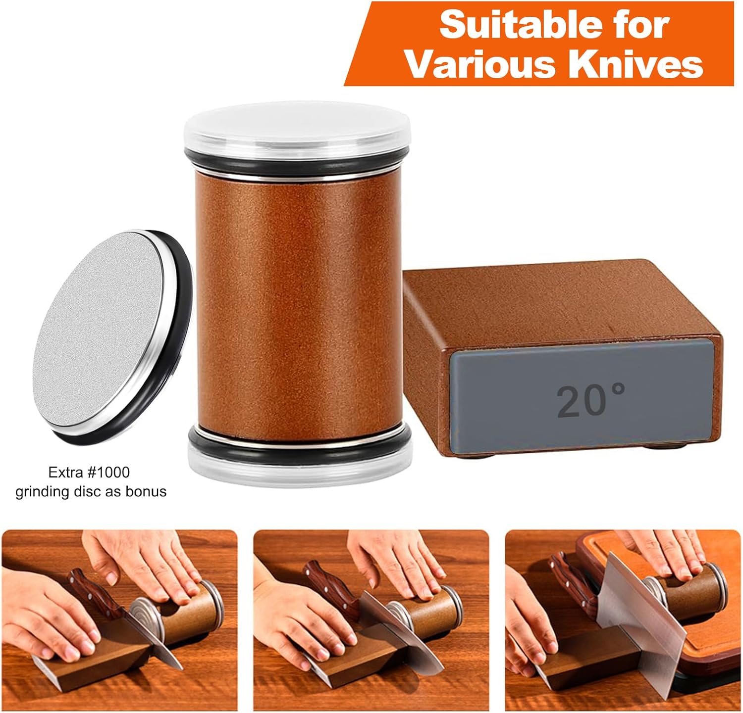 Rolling knife sharpener set with diamond and ceramic discs, 15°20°, different angles for sharp edges, suitable for any hardness of steel, wooden grips for honing knives sharpening Kitchen Gadgets