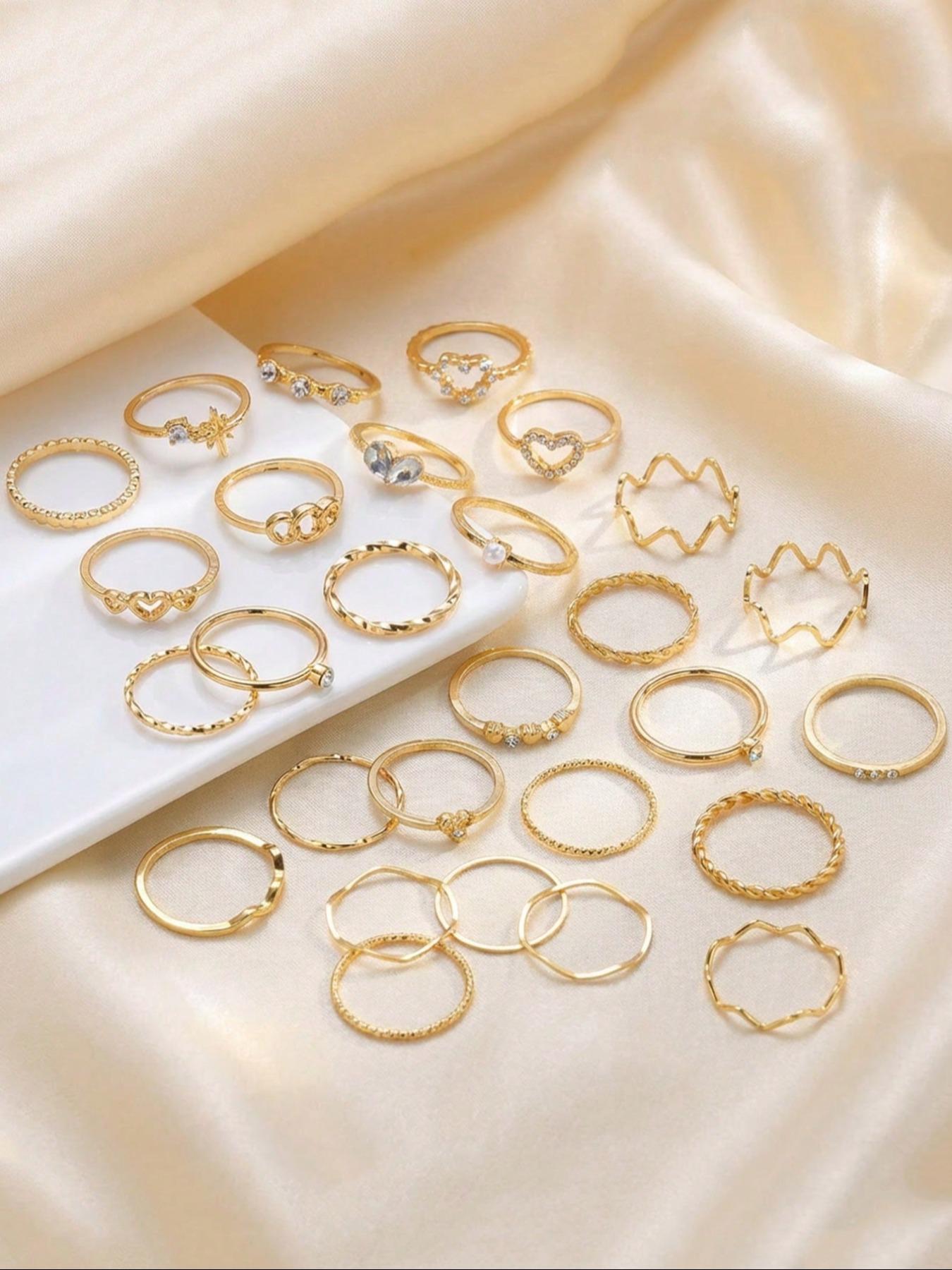 28pcs Heart Shaped Geometric Boho Style Rhinestone Knuckle Rings, Minimalist Wave Design, Perfect for Women's Daily Wear & Parties