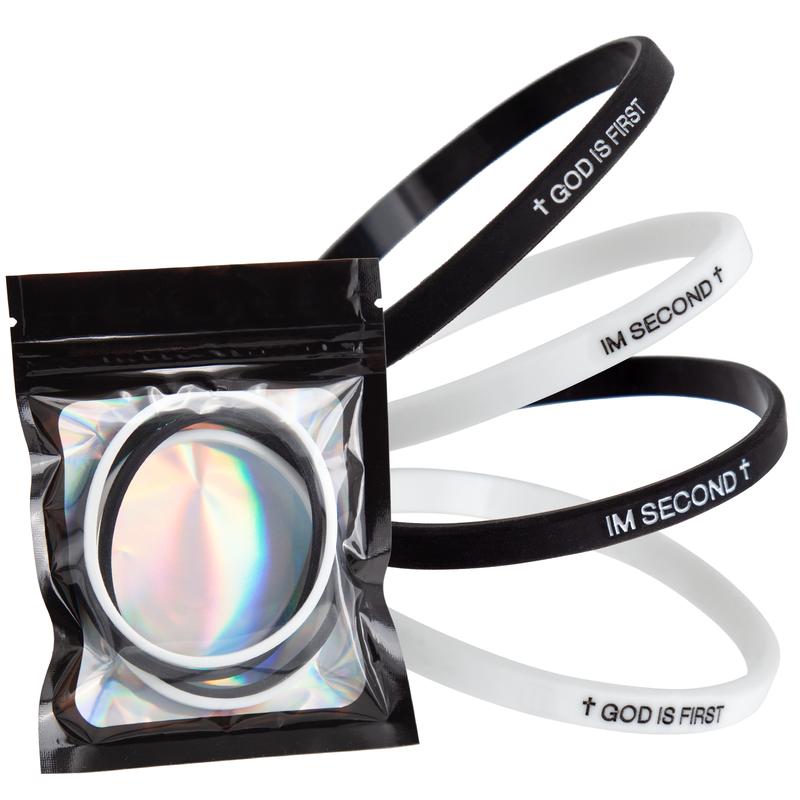 4 Pack GOD IS FIRST IM SECOND Bracelets - Interchangeable Black & White Christian Silicone Bands, Mix & Match Scripture Wristbands, and Uplifting Christian Gift Set for Men Women Teens